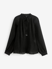 Black Pleated Sparkle Tie  Neck Long Sleeve Blouse - Image 4 of 6