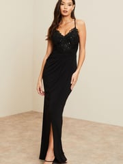 Lipsy Black Petite Applique Lace Cami Maxi Dress - Image 1 of 4