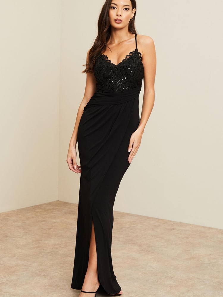 Lipsy Black Petite Applique Lace Cami Maxi Dress - Image 1 of 4