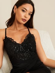 Lipsy Black Petite Applique Lace Cami Maxi Dress - Image 4 of 4