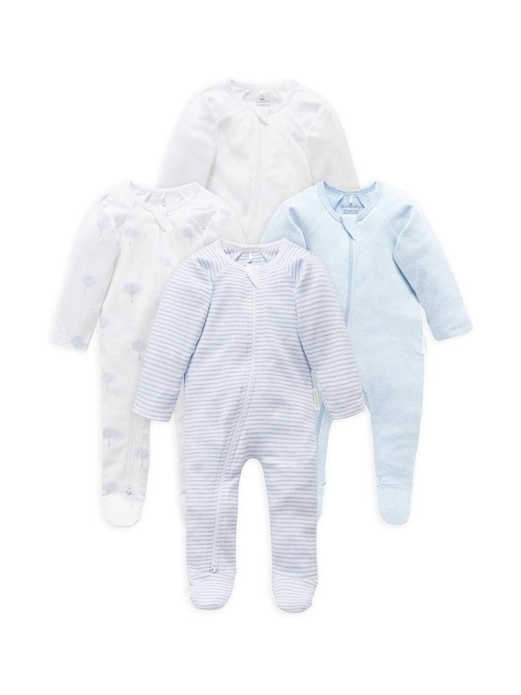 Purebaby Blue Zip 100% Cotton Sleepsuits 4 Pack - Image 2 of 3