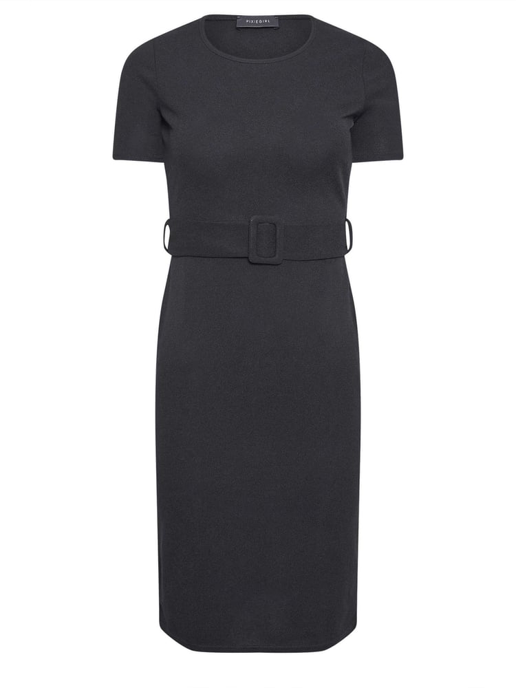 PixieGirl Petite Black Buckle Belted Scuba Midi Dress - Image 5 of 5