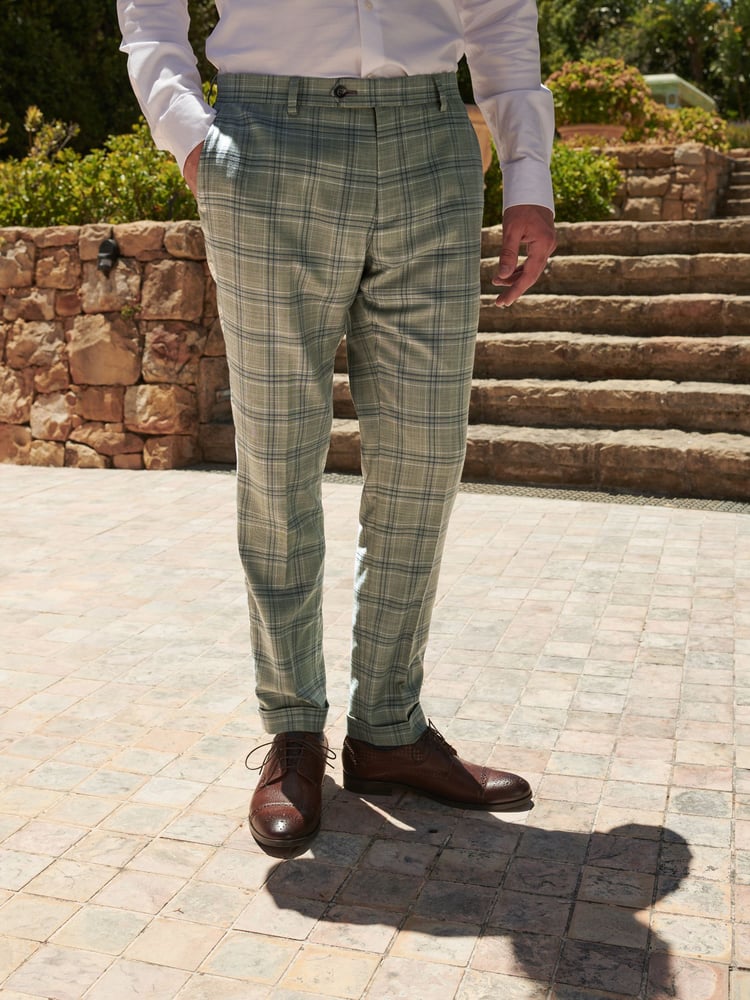 Green Skinny Fit Trimmed Check Suit Trousers - Image 1 of 7