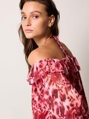 Red/White Floral Corsage Halter Neck Long Sleeve Top - Image 2 of 6