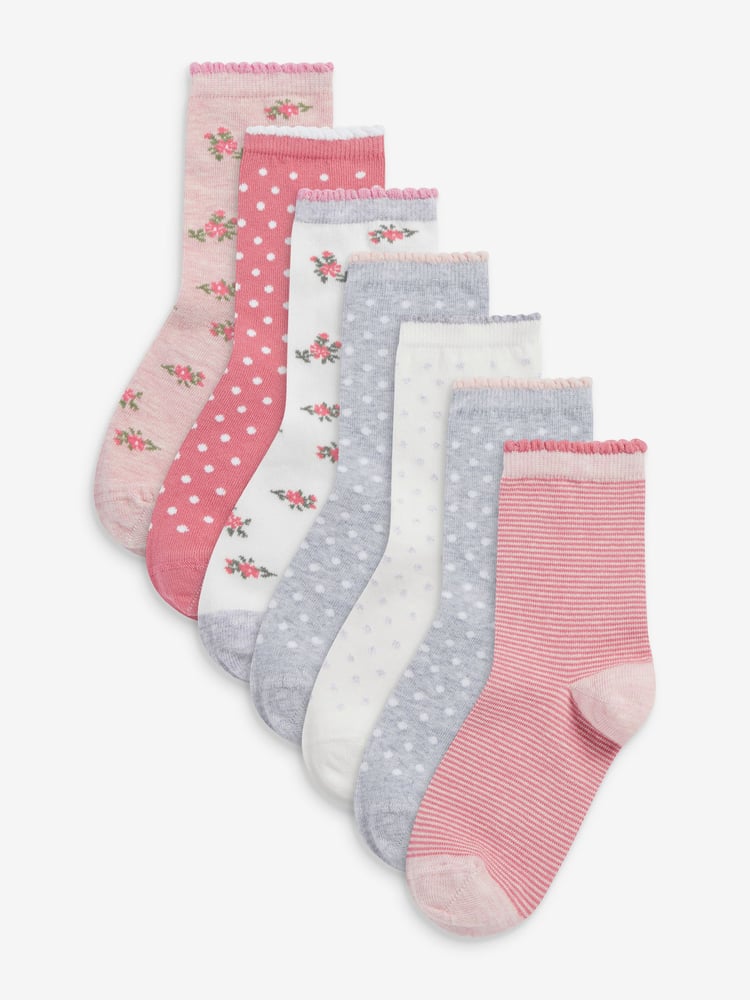 Pink 7 Pack Cotton Rich Pretty Ankle Socks - Image 1 of 8