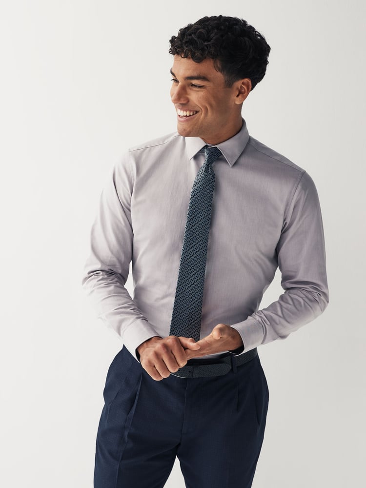 Grey/Blue Geometric Slim Fit Single Cuff Shirt And Tie Pack - Image 1 of 6