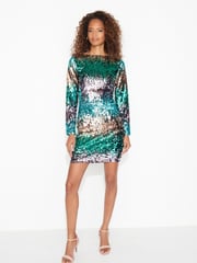 Aqua Blue Long Sleeve Sequin Mini Dress - Image 2 of 6
