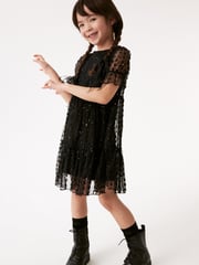 Black Sparkle Mesh Short Sleeve Tiered Party Dress (3-16yrs) - Image 2 of 8
