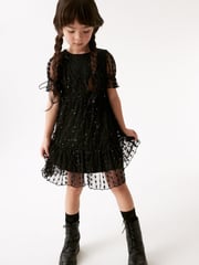 Black Sparkle Mesh Short Sleeve Tiered Party Dress (3-16yrs) - Image 3 of 8