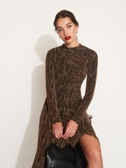 Gold Sparkle Long Sleeved Ruched Midi Dress - Image 1 of 4