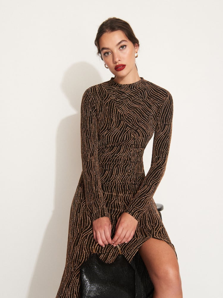 Gold Sparkle Long Sleeved Ruched Midi Dress - Image 1 of 4