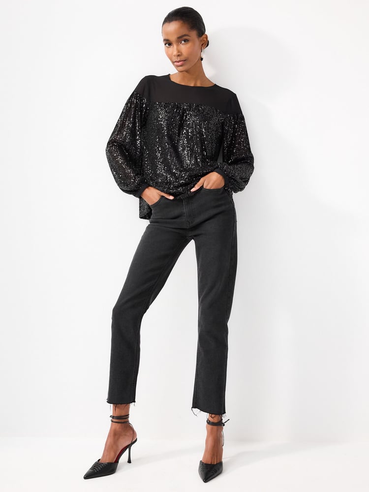 Black Long Sleeve Sequin Sparkle Top - Image 1 of 6