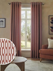 Orange/Neutral Woven Geometric Eyelet Lined Curtains - Image 1 of 6