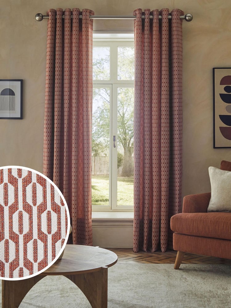 Orange/Neutral Woven Geometric Eyelet Lined Curtains - Image 1 of 6