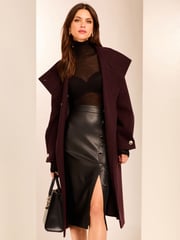 Lipsy Burgundy Funnel Neck Wrap Belted Coat With Wool - Image 3 of 6