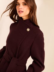 Lipsy Burgundy Funnel Neck Wrap Belted Coat With Wool - Image 4 of 6