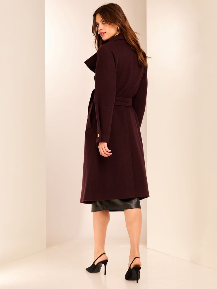 Lipsy Burgundy Funnel Neck Wrap Belted Coat With Wool - Image 6 of 6