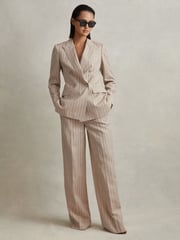 Reiss Neutral Odette Wool Blend Striped Wide Leg Trousers - Image 1 of 6