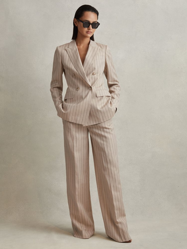 Reiss Neutral Odette Wool Blend Striped Wide Leg Trousers - Image 1 of 6