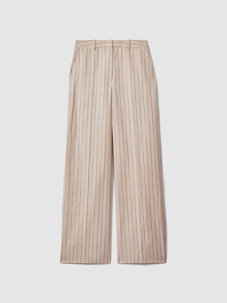 Reiss Neutral Odette Wool Blend Striped Wide Leg Trousers - Image 2 of 6