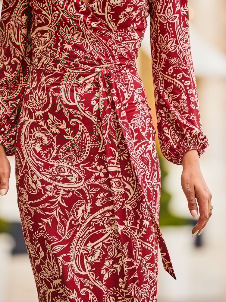 Sosandar Red Baroque Print Belted Wrap Dress - Image 5 of 5