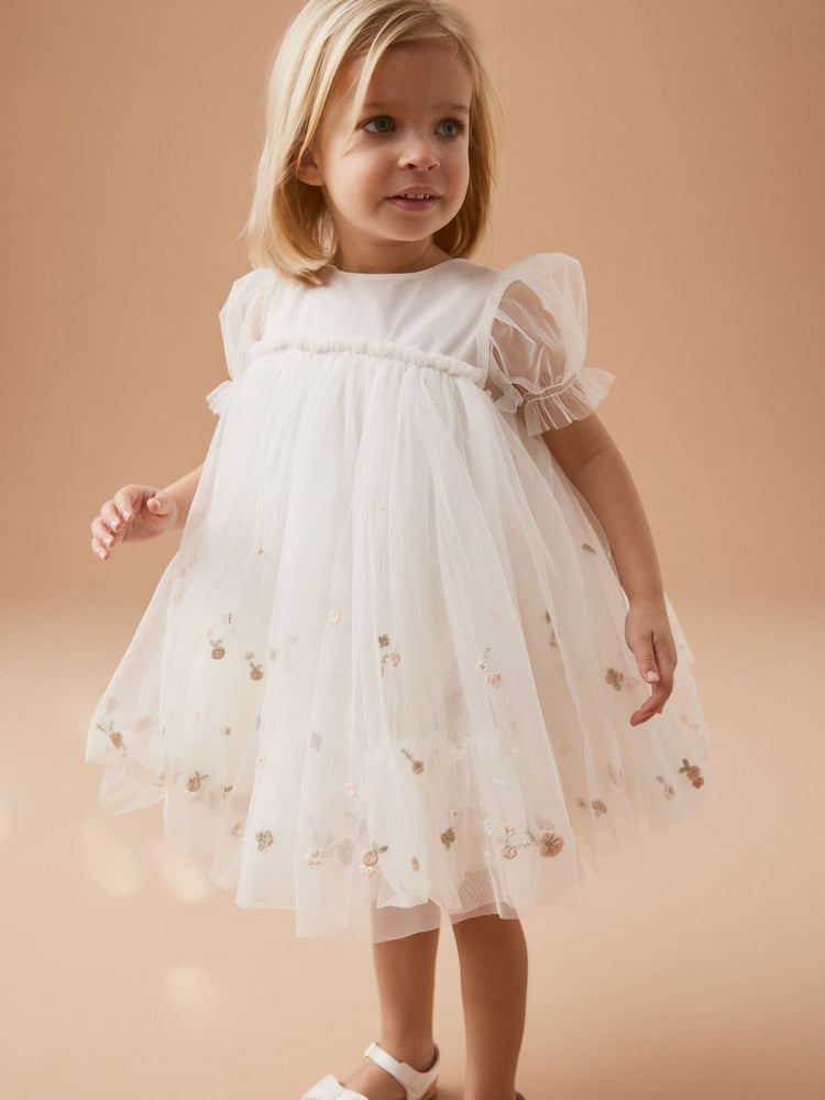 Cream Embroidered Mesh Party Dress (3mths-7yrs) - Image 1 of 3