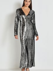Dark Silver Long Sleeve Plunge Neck Sequin Maxi Dress - Image 2 of 6