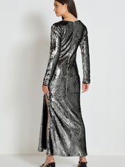 Dark Silver Long Sleeve Plunge Neck Sequin Maxi Dress - Image 4 of 6