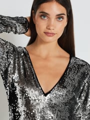 Dark Silver Long Sleeve Plunge Neck Sequin Maxi Dress - Image 5 of 6
