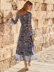 Sosandar Blue Paisley Print Mesh Wrap Front Fit & Flare Dress - Image 2 of 5