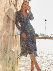 Sosandar Blue Paisley Print Mesh Wrap Front Fit & Flare Dress - Image 4 of 5