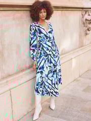 Sosandar Blue Print Blouson Sleeve Wrap Jersey Midi Dress - Image 1 of 6