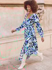 Sosandar Blue Print Blouson Sleeve Wrap Jersey Midi Dress - Image 4 of 6