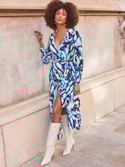 Sosandar Blue Print Blouson Sleeve Wrap Jersey Midi Dress - Image 5 of 6