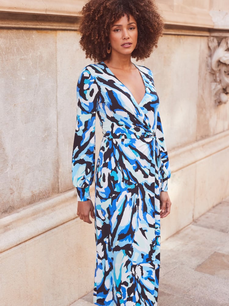 Sosandar Blue Print Blouson Sleeve Wrap Jersey Midi Dress - Image 6 of 6