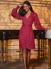 Sosandar Pink Metallic Spot Print Belted Wrap Dress - Image 3 of 4