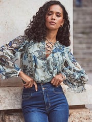 Sosandar Green Leopard Print Lace-Up Blouse - Image 1 of 6