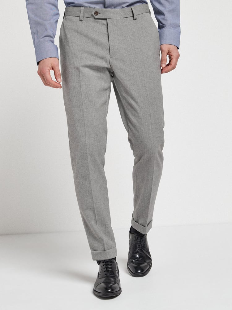 Grey Slim Fit Slim Fit Trimmed Herringbone Suit: Trousers - Image 1 of 6