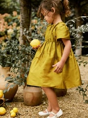 Olive Green Pleat Detail Short Sleeve Taffeta Dress (3mths-10yrs) - Image 2 of 9