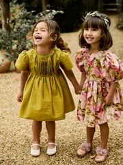 Olive Green Pleat Detail Short Sleeve Taffeta Dress (3mths-10yrs) - Image 3 of 9