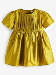 Olive Green Pleat Detail Short Sleeve Taffeta Dress (3mths-10yrs) - Image 7 of 9