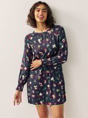 Navy Graphic Long Sleeve Novelty Christmas Swing Dress - Image 1 of 5