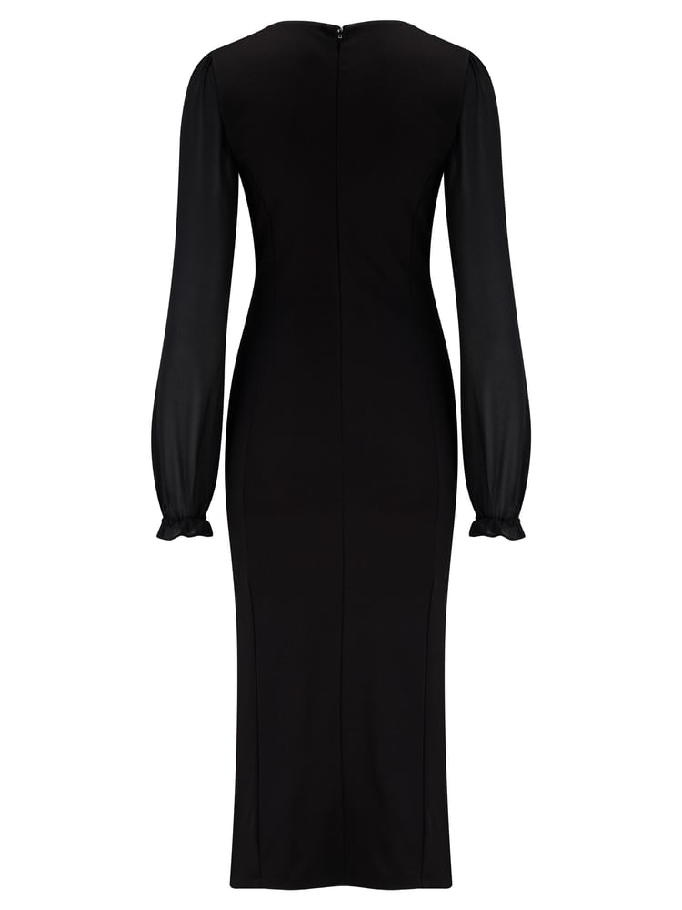 Pour Moi Black Jessica Chiffon Sleeve Bodycon Stretch Ponte Midi Dress - Image 4 of 4