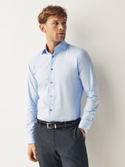 Light Blue Slim Fit Single Cuff Textured Cotton Shirt - Image 1 of 7