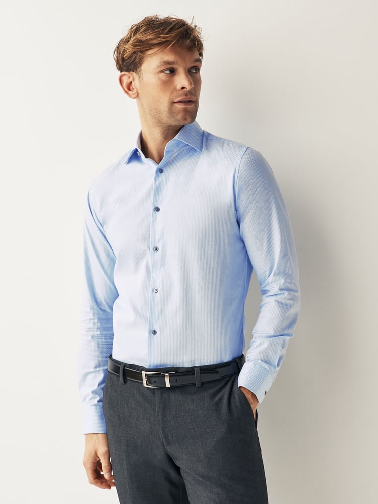 Light Blue Slim Fit Single Cuff Textured Cotton Shirt - Image 1 of 7