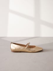 Gold Jewel Signature Leather Mary Jane Flat Shoes - Image 2 of 6