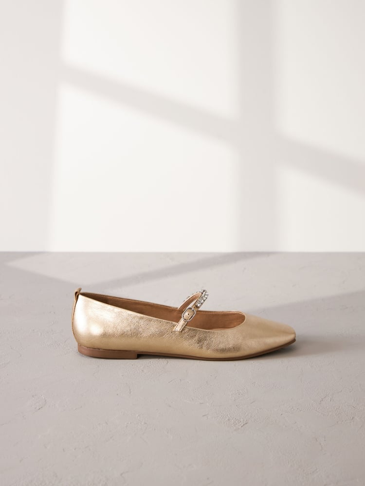 Gold Jewel Signature Leather Mary Jane Flat Shoes - Image 2 of 6