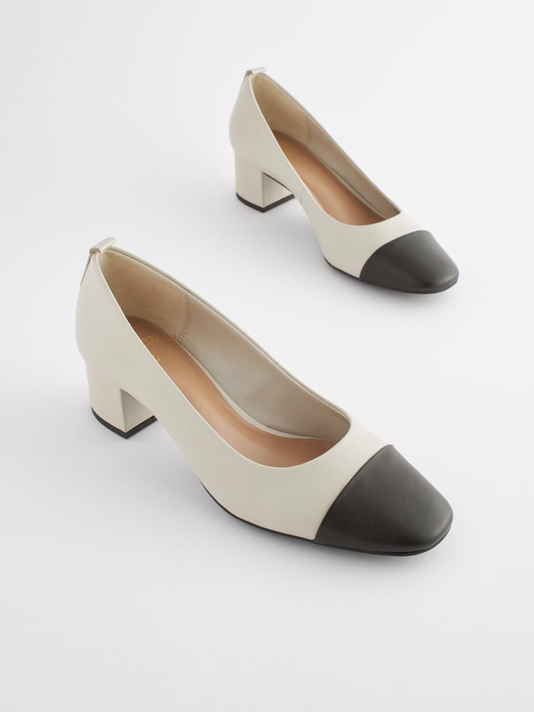 Bone/Black Toe Cap Regular/Wide Fit Forever Comfort® Leather Low Block Heel Shoes - Image 1 of 8