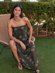 Brown Tile Print Bandeau Mesh Jersey Dress - Image 1 of 6