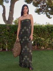 Brown Tile Print Bandeau Mesh Jersey Dress - Image 2 of 6